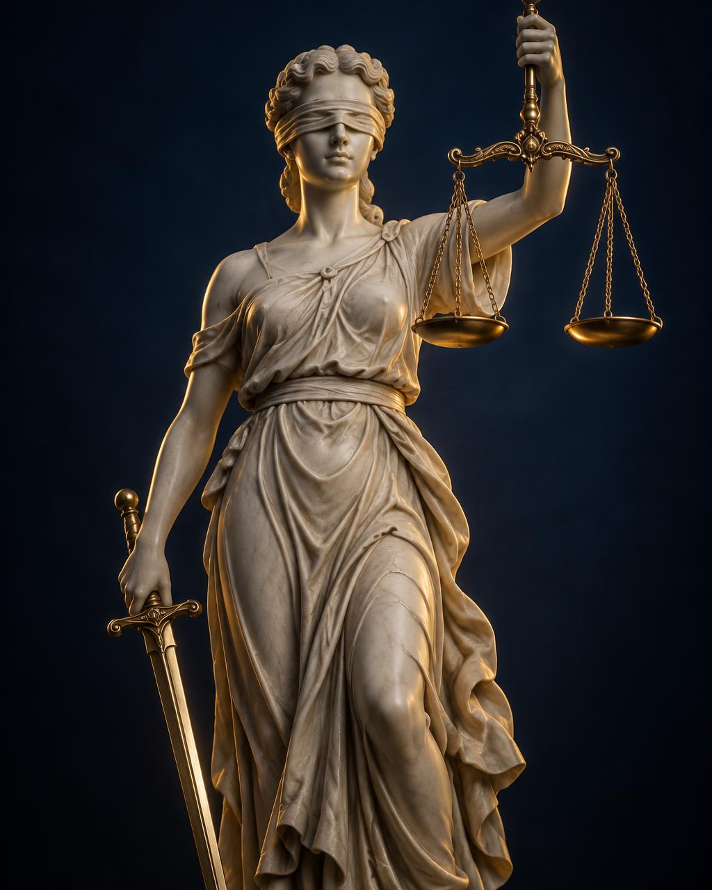 Estátua da Justiça vendada, segurando a balança e a espada